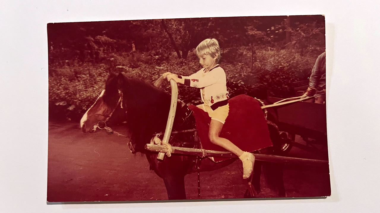 A child sitting on a pony-drawn cart on a country path